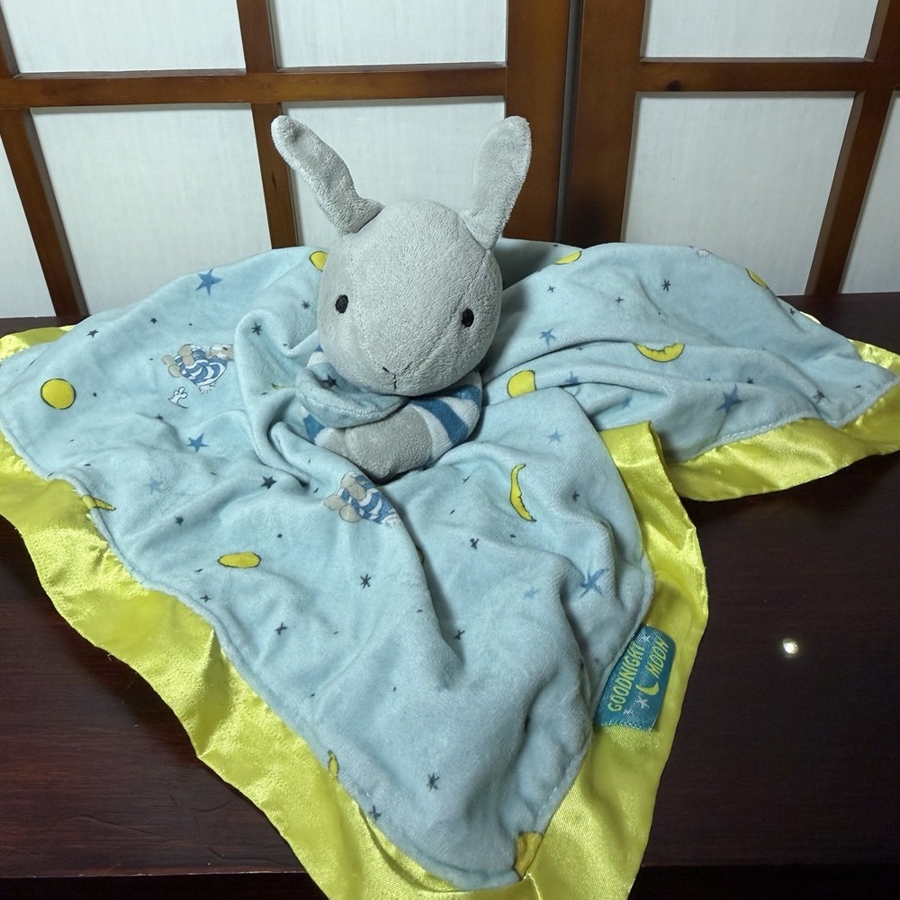 Goodnight Moon Lovey Bunny Rabbit Blue Yellow Security Blanket Plush